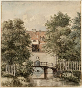 Buitengasthuis met beeld der razernij, tekening Gerrit Lamberts, 1818