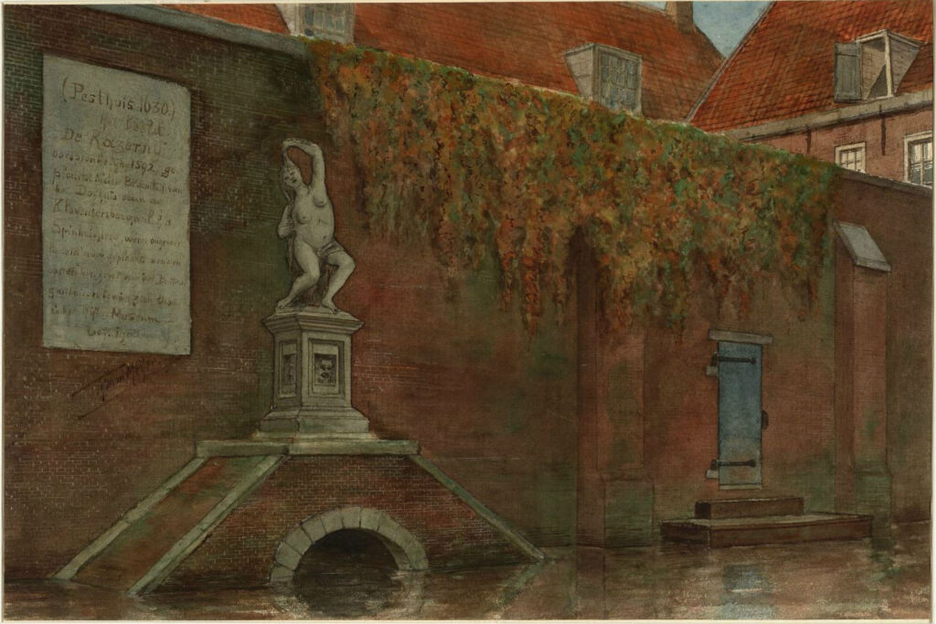Buitengasthuis met beeld der razernij, tekening Tymon Meijer, 1900