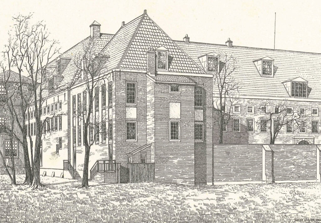 Tekening van het Oude Buitengasthuis door architect Jan de Meyer, uit het tweede jaarverslag van Hulp voor Onbehuisden in 1905