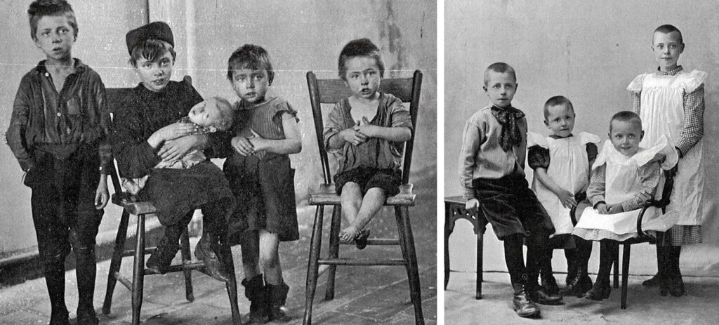 Voorheen en thans, luidt het bijschrift in het tijdschrift van HvO bij twee foto’s van dezelfde groep kinderen in 1909