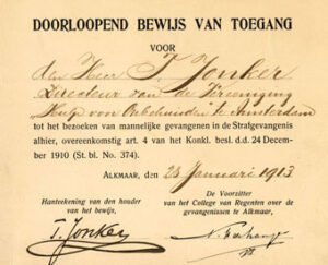 Doorloopend bewijs van toegang voor T. Jonker tot de gevangenis in Alkmaar, 1913
