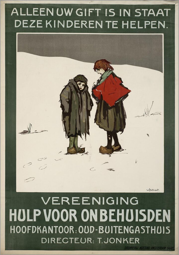 Affiche voor Hulp voor Onbehuisden door Willem Pothast, 1913. Deze tekening fungeert jarenlang als herkenningsteken van Hulp voor Onbehuisden