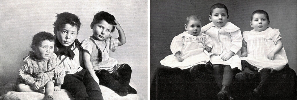 Dezelfde kinderen bij opname en na een paar weken verzorging, tijdschrift van HvO, 1913