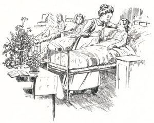 Het vriendelijke gelaat van de zuster, is het bijschrift bij deze tekening in het HvO-blad, 1913