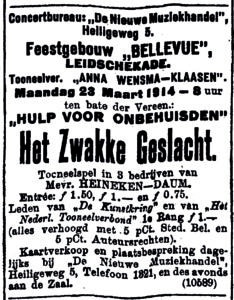 Advertentie voor toneel ten bate van HvO, Algemeen Handelsblad, 21 maart 1914