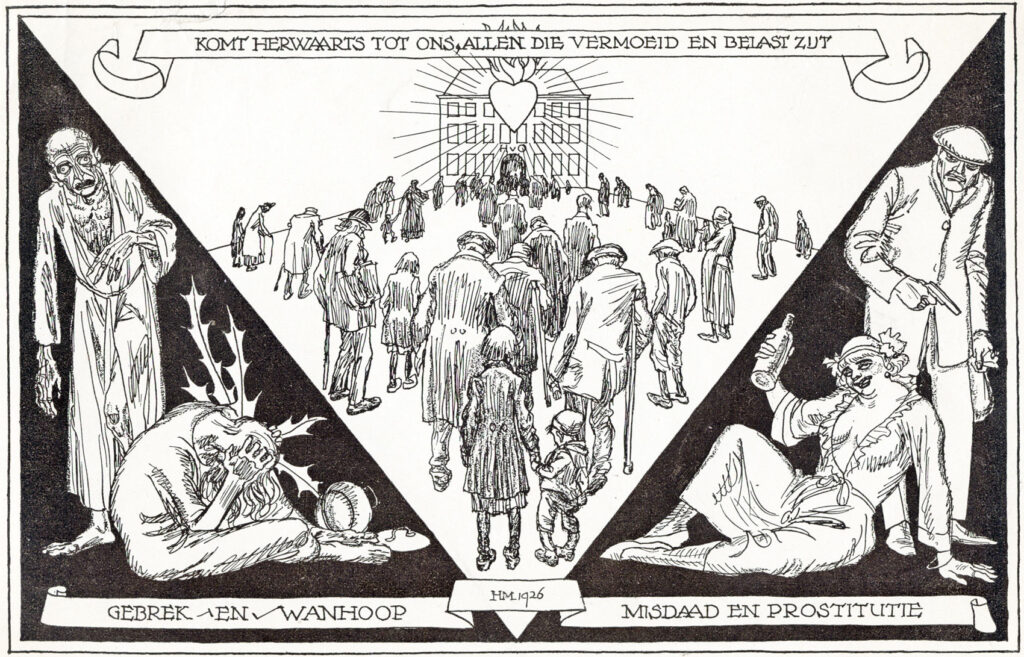 Komt herwaarts tot ons, allen die vermoeid en belast zijt, tekening van Henk Meyer uit het tijdschrift van HvO in 1926