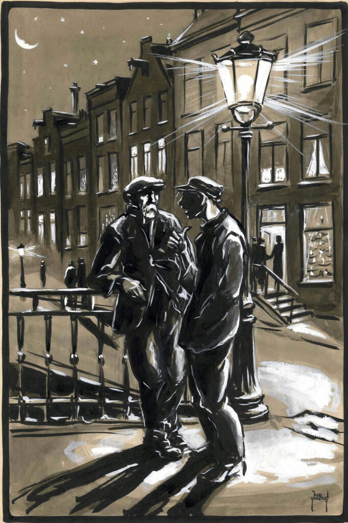 Voor daklozen zijn straatlantaarns kerstlichten, tekening van Joop van den Berg in het maandblad van Hulp voor Onbehuisden, december 1929