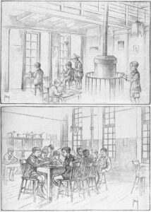 De oude en de nieuwe zaal van HvO in 1932, tekening Joop van den Berg