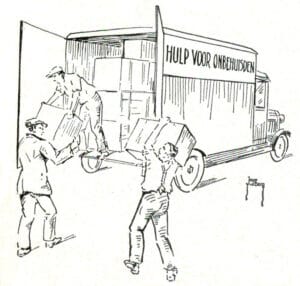 Verhuizing, tekening van Joop van den Berg in het HvO-blad in 1938
