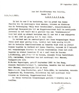 Brief uit 1943 waarin directeur Honing de politie op de hoogte stelt van het zogeheten Sondrausweis van enkele medewerkes van HvO