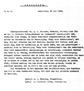 Brief van het bestuur van Hulp voor Onbehuisden, d.d. 30 mei 1945 over de opdracht aan Honing