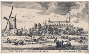 Het Pesthuis gezien vanaf de Overtoom in de jaren 1652-1653, op een ets van Reinier Nooms (Stadsarchief)