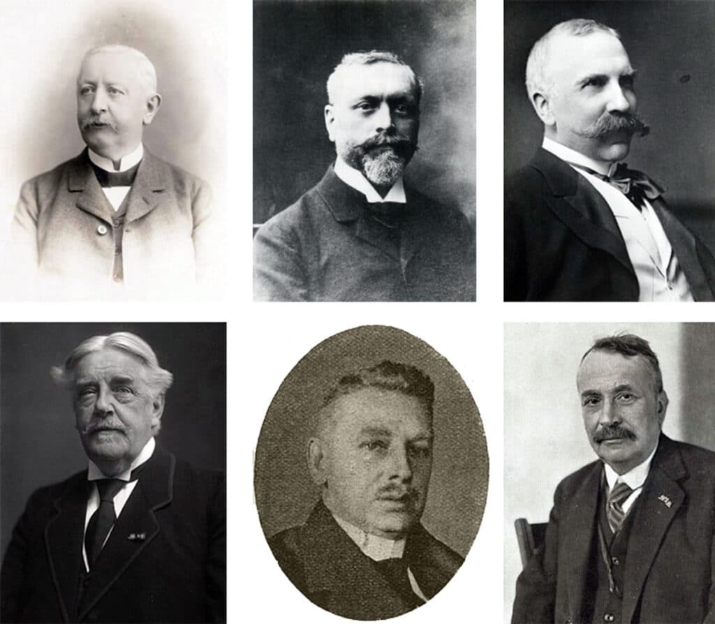 Het bestuur van Hulp voor Onbehuisden van boven naar beneden en van links naar rechts: J.H. van Eeghen, C.W. Janssen, J.G. Schölvinck, J.F.L. Blankenberg, C.H. Guépin en N.M. Josephus Jitta. W.H. van Zanten ontbreekt.