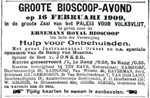 Reclame in De Telegraaf voor een filmavond in het Paleis voor Volksvlijt ten bate van Hulp voor Onbehuisden in 1909