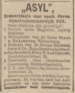 HVO als station van het dierenasiel, advertentie in het Nieuws van de Dag, 6 januari 1910