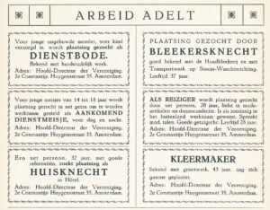 HvO zoekt onder de noemer ‘arbeid adelt’ via advertenties in het eigen tijdschrift werk voor verpleegden. Dit is een advertentie uit oktober 1923.