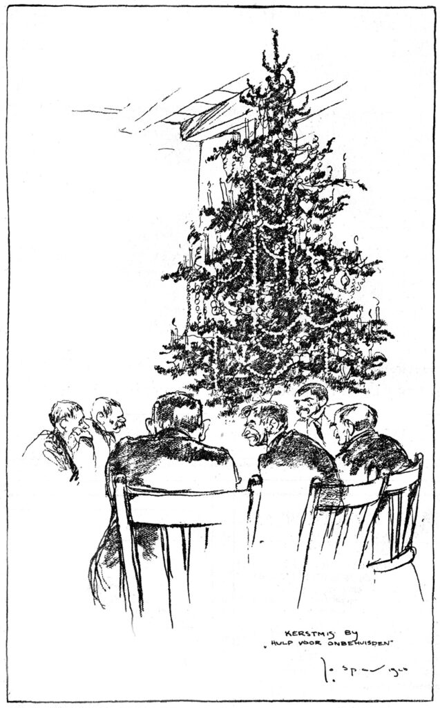 Cliché welwillend afgestaan door dagblad De Telegraaf, meldt het huisorgaan in 1927 bij deze tekening van Jo Spier, getiteld Kerstmis bij Hulp voor Onbehuisden