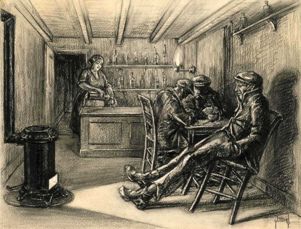 De verloren zoon in de slaapstee met ‘een heitje om te maffen, twee duppies om te bikken en twee katsies om op te kikkeren.’ Tekening van Joop van den Berg in het HvO-blad, 1928