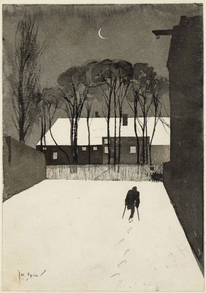 Een man met één been, op krukken, ‘s-avonds in de sneeuw onderweg naar het Buitengasthuis, 1929, tekening Jo Spier