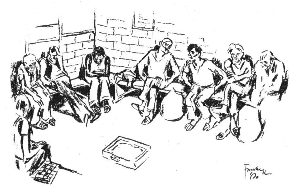 ‘In het onverwarmde steenen wachtlokaal: half ontkleed wachten de stumpers op hun verplichte bad en ondergoed-inspectie,’ tekening van Albert Funke Küpper in Het Volk, 1931