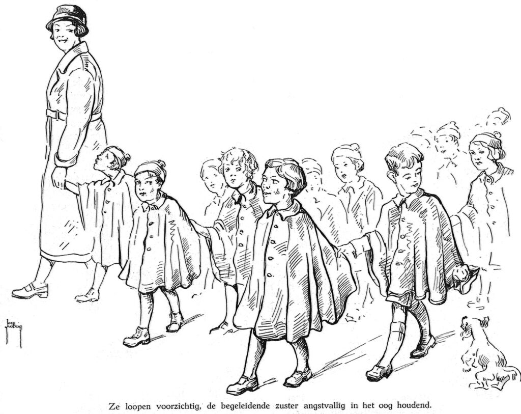  Zuster en kinderen uit wandelen, tekening van Joop van den Berg in het HvO-blad in 1935
