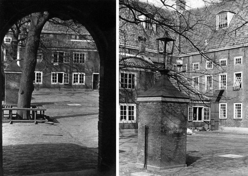 Twee foto’s van het oude Pesthuis van HvO uit de jaren ’30, een doorkijkje vanuit de poort en de oude pomp op de binnenplaats