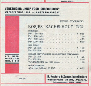 Advertentie voor bosjes kachelhout in het HvO-blad, 1938