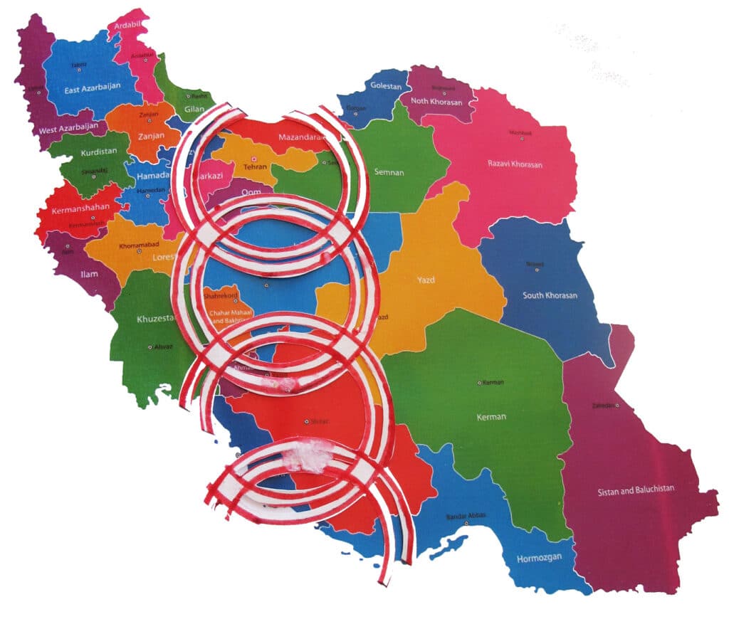 Kaart van Iran. De cirkels geven aan waar de aquaria moeten komen.